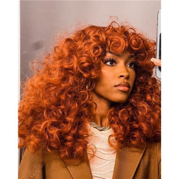 Copper Curly Wigs for Black Women Long Curly Afro Wig with Bangs for Women - Picture 3 of 7